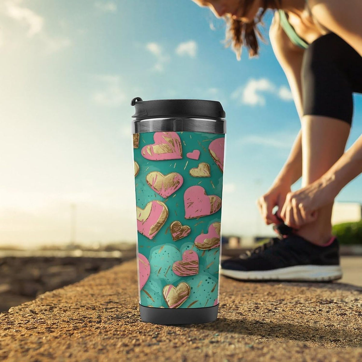 Peach Heart Pattern Stainless Steel Travel Mug, Leak-proof Reusable Thermal Coffee Cup with Lid for Hot & Cold Drinks, Insulated Tumbler for Commuting And Travel