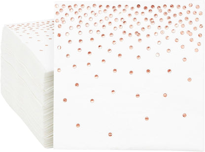 Rose Gold Confetti Cocktail Napkins - 5 x 5 in, 100 Count, 3-Ply Disposable - Polka Dotted Foil for Wedding Receptions & Bridal Showers - Beverage & Dessert Use