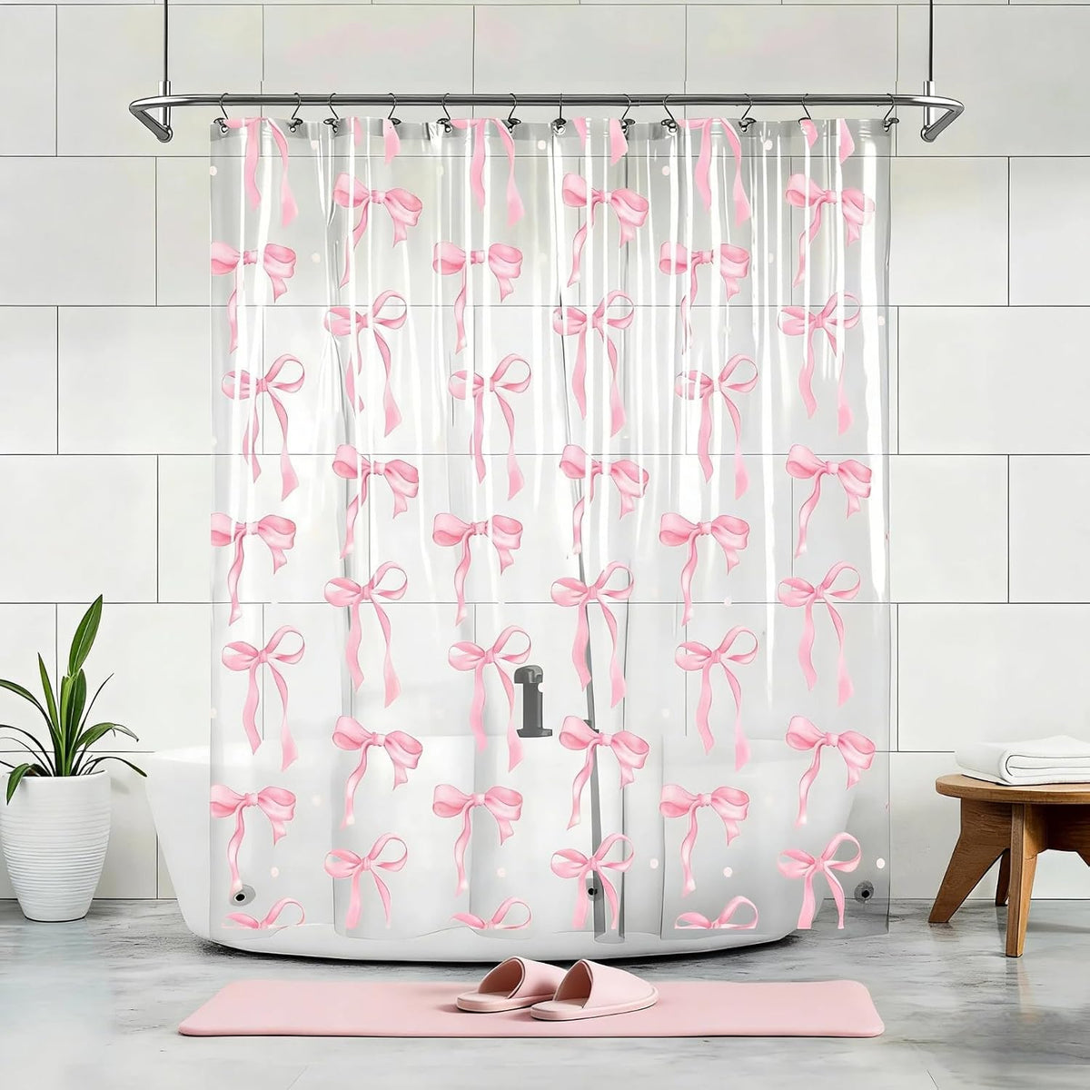 Clear Cute Pink Bow Shower Curtain Liner, Coquette Girly Preppy Pink Bow Bathroom Decor, 72x72 Inch Plastic Waterproof Transparent Aesthetic Pretty Girls Shower Curtain Set with Hooks Weighted Magnets