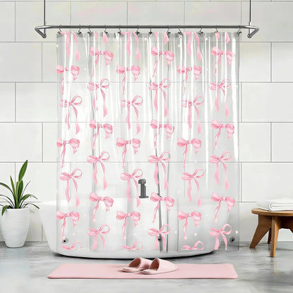 Clear Cute Pink Bow Shower Curtain Liner, Coquette Girly Preppy Pink Bow Bathroom Decor, 72x72 Inch Plastic Waterproof Transparent Aesthetic Pretty Girls Shower Curtain Set with Hooks Weighted Magnets