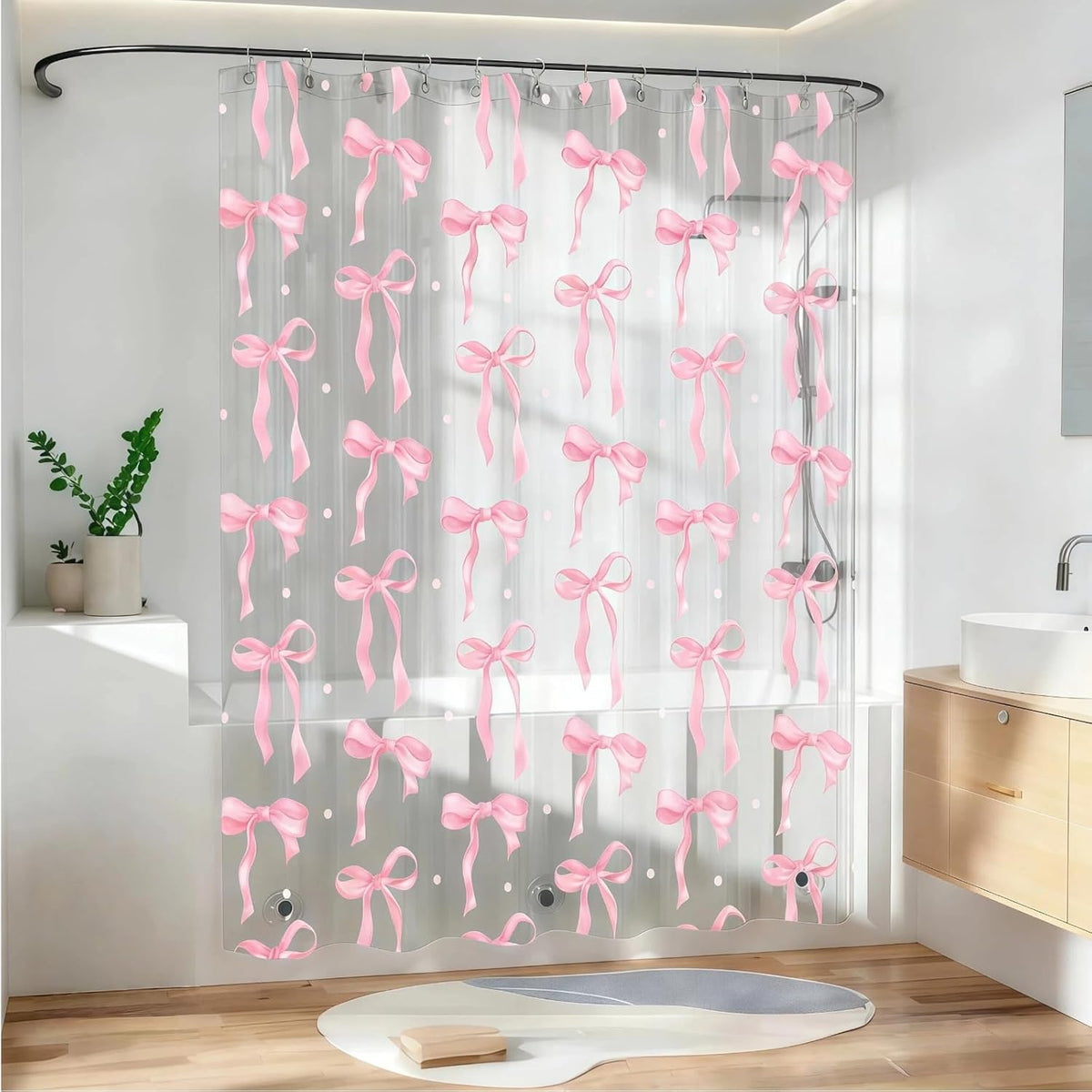 Clear Cute Pink Bow Shower Curtain Liner, Coquette Girly Preppy Pink Bow Bathroom Decor, 72x72 Inch Plastic Waterproof Transparent Aesthetic Pretty Girls Shower Curtain Set with Hooks Weighted Magnets