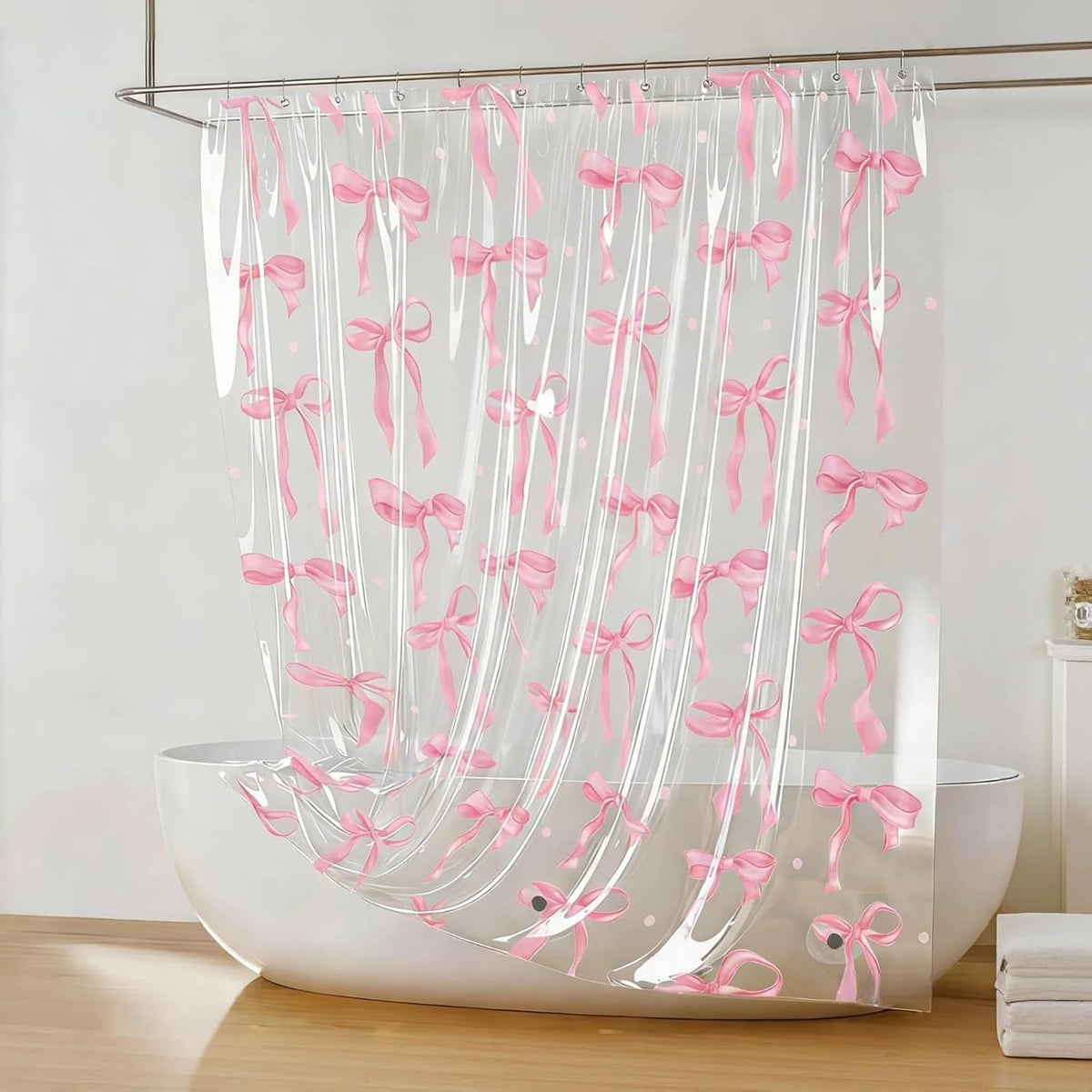 Clear Cute Pink Bow Shower Curtain Liner, Coquette Girly Preppy Pink Bow Bathroom Decor, 72x72 Inch Plastic Waterproof Transparent Aesthetic Pretty Girls Shower Curtain Set with Hooks Weighted Magnets