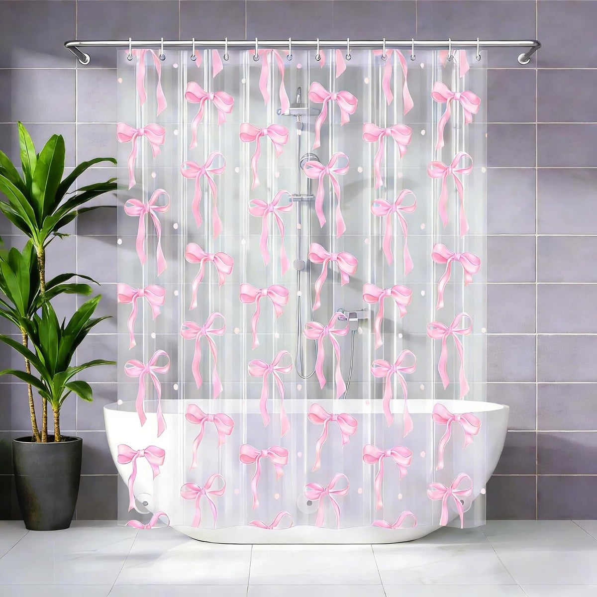 Clear Cute Pink Bow Shower Curtain Liner, Coquette Girly Preppy Pink Bow Bathroom Decor, 72x72 Inch Plastic Waterproof Transparent Aesthetic Pretty Girls Shower Curtain Set with Hooks Weighted Magnets