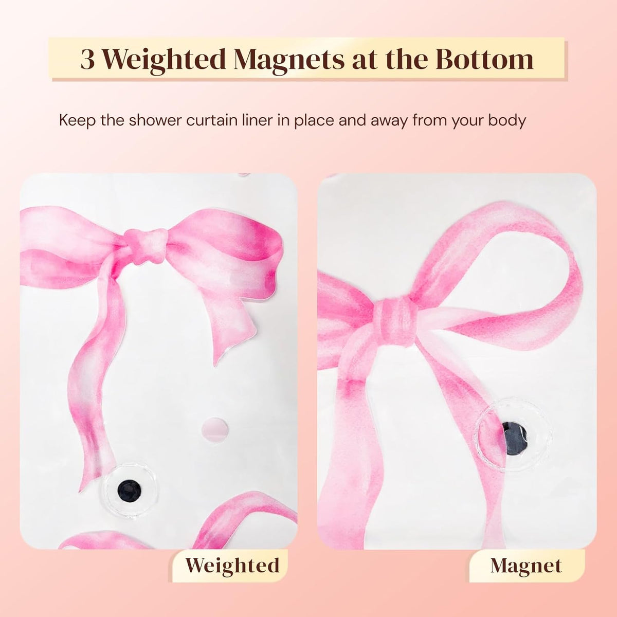 Clear Cute Pink Bow Shower Curtain Liner, Coquette Girly Preppy Pink Bow Bathroom Decor, 72x72 Inch Plastic Waterproof Transparent Aesthetic Pretty Girls Shower Curtain Set with Hooks Weighted Magnets