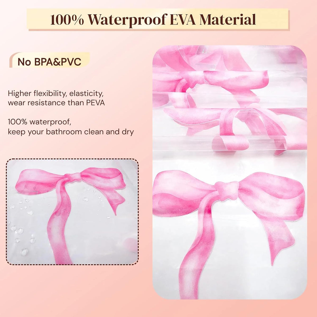 Clear Cute Pink Bow Shower Curtain Liner, Coquette Girly Preppy Pink Bow Bathroom Decor, 72x72 Inch Plastic Waterproof Transparent Aesthetic Pretty Girls Shower Curtain Set with Hooks Weighted Magnets