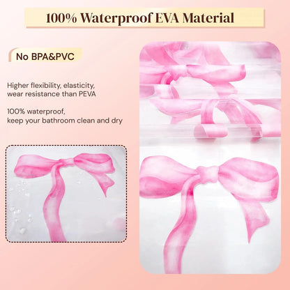Clear Cute Pink Bow Shower Curtain Liner, Coquette Girly Preppy Pink Bow Bathroom Decor, 72x72 Inch Plastic Waterproof Transparent Aesthetic Pretty Girls Shower Curtain Set with Hooks Weighted Magnets