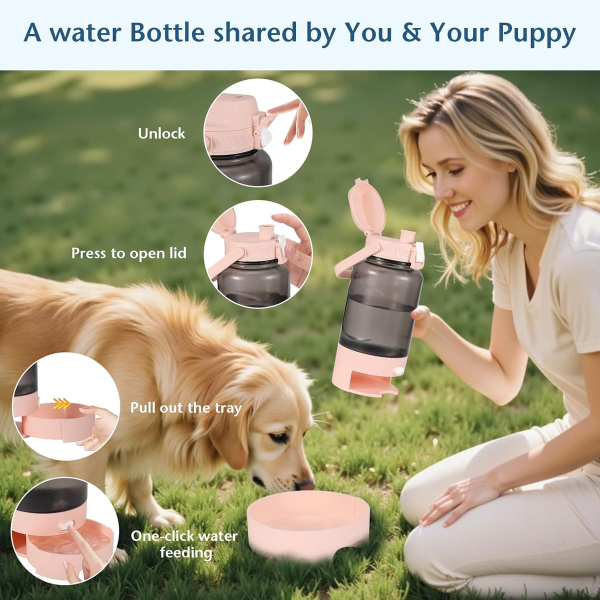 50oz Dog Water Bottle with Handle - Portable Pet & Human Water Dispenser for Hiking, Camping, Travel - Leakproof, BPA-Free, Outdoor Puppy Essential for Walking, Park, Beach (Pink)