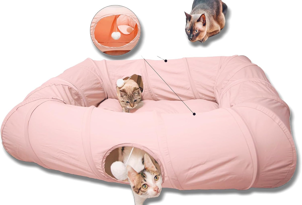 4 Ways Shuttled XL Cat Tunnel Bed for Indoor Cats Peekaboo Cat Cave Donut with Cool Mat (Pink)