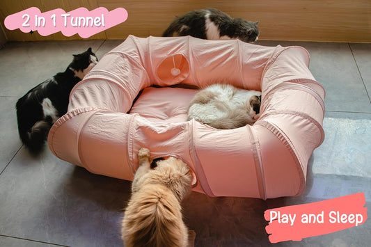 4 Ways Shuttled XL Cat Tunnel Bed for Indoor Cats Peekaboo Cat Cave Donut with Cool Mat (Pink)