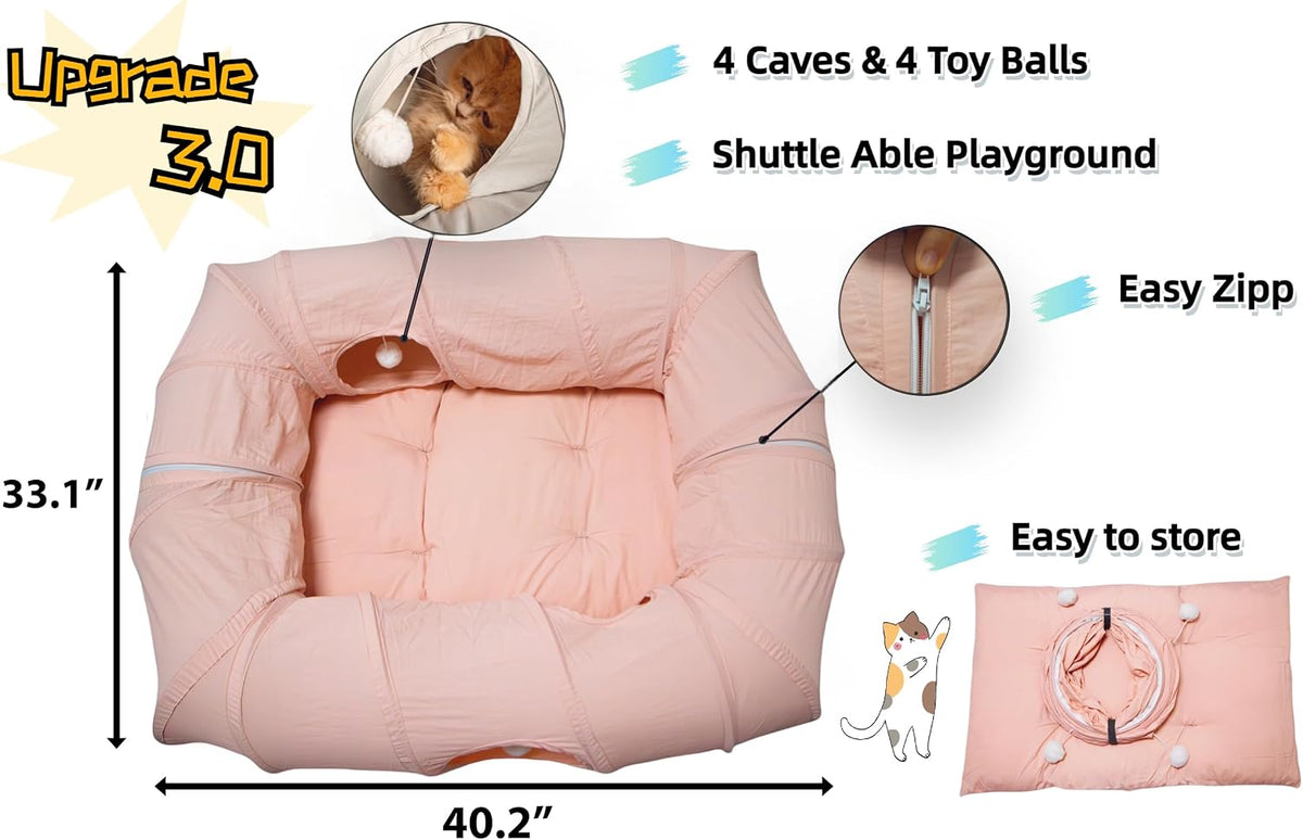 4 Ways Shuttled XL Cat Tunnel Bed for Indoor Cats Peekaboo Cat Cave Donut with Cool Mat (Pink)