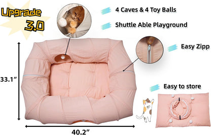 4 Ways Shuttled XL Cat Tunnel Bed for Indoor Cats Peekaboo Cat Cave Donut with Cool Mat (Pink)