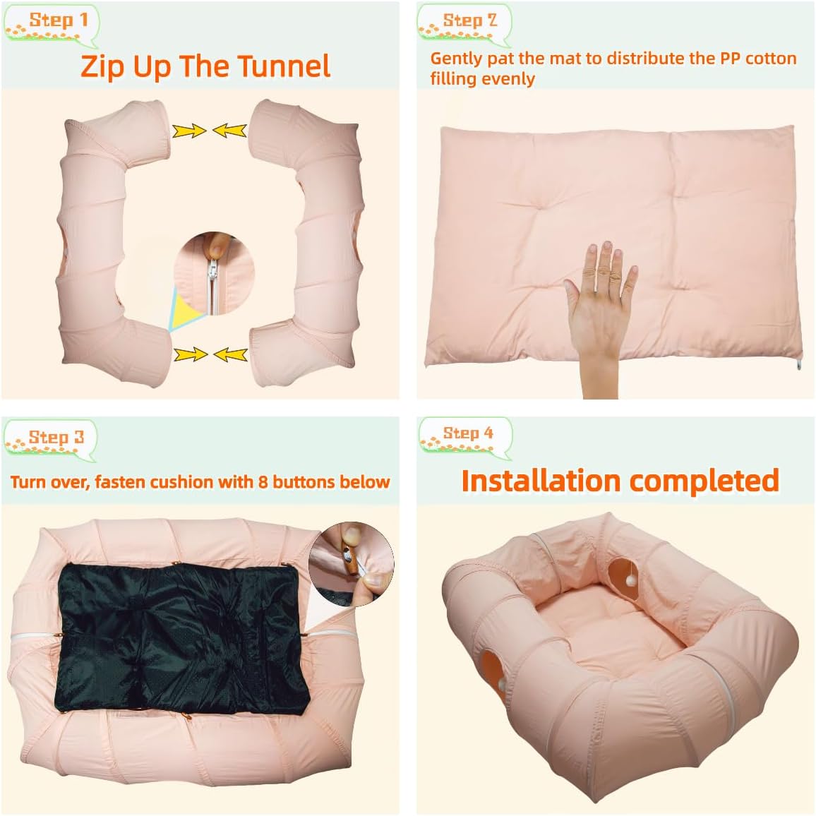 4 Ways Shuttled XL Cat Tunnel Bed for Indoor Cats Peekaboo Cat Cave Donut with Cool Mat (Pink)