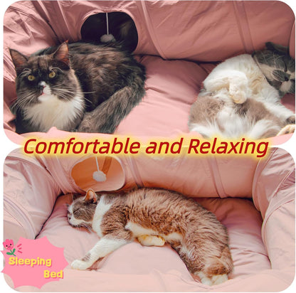 4 Ways Shuttled XL Cat Tunnel Bed for Indoor Cats Peekaboo Cat Cave Donut with Cool Mat (Pink)