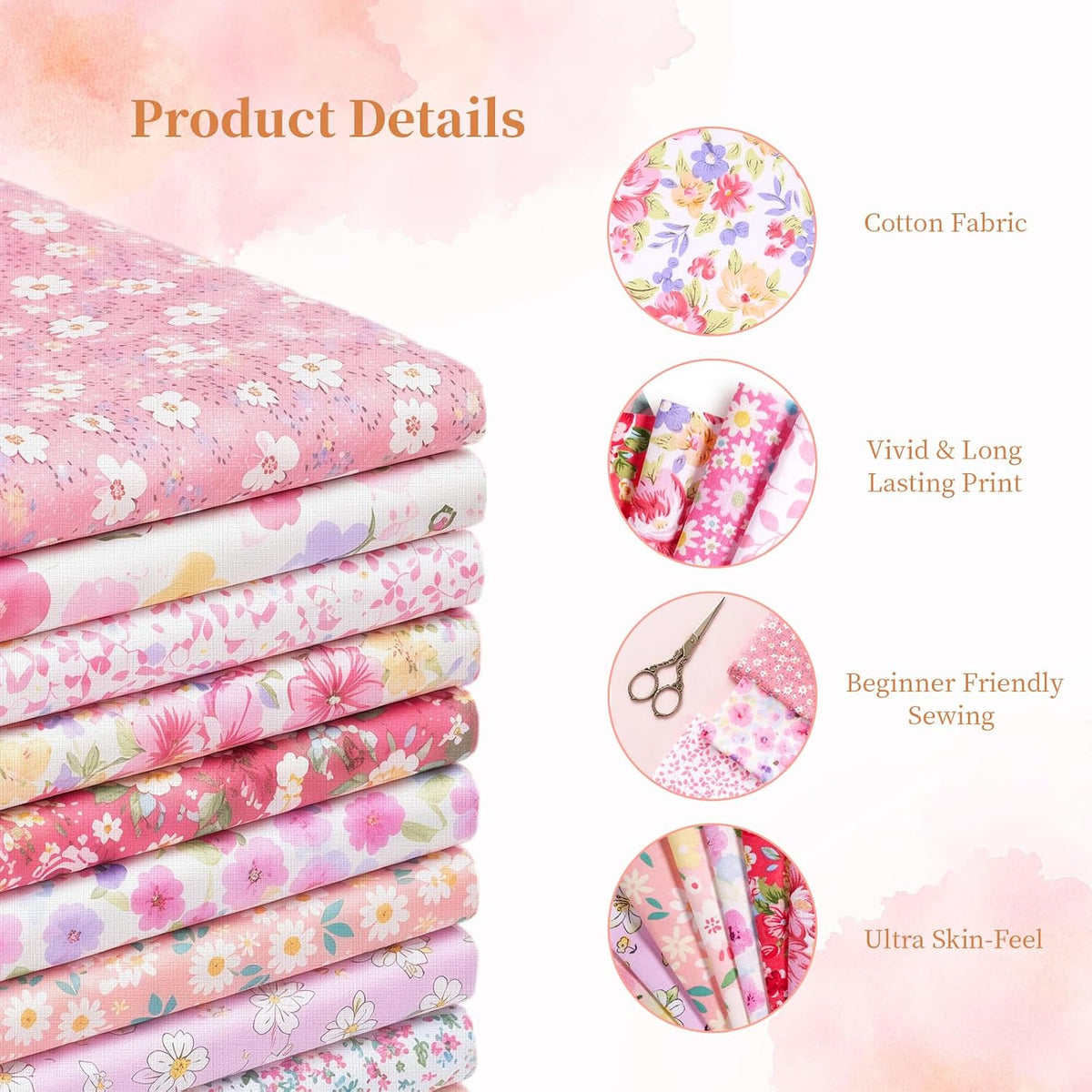 15pcs 10"x10"Cotton Fabric, DIY Quilt Patchwork for Sewing(Pink)