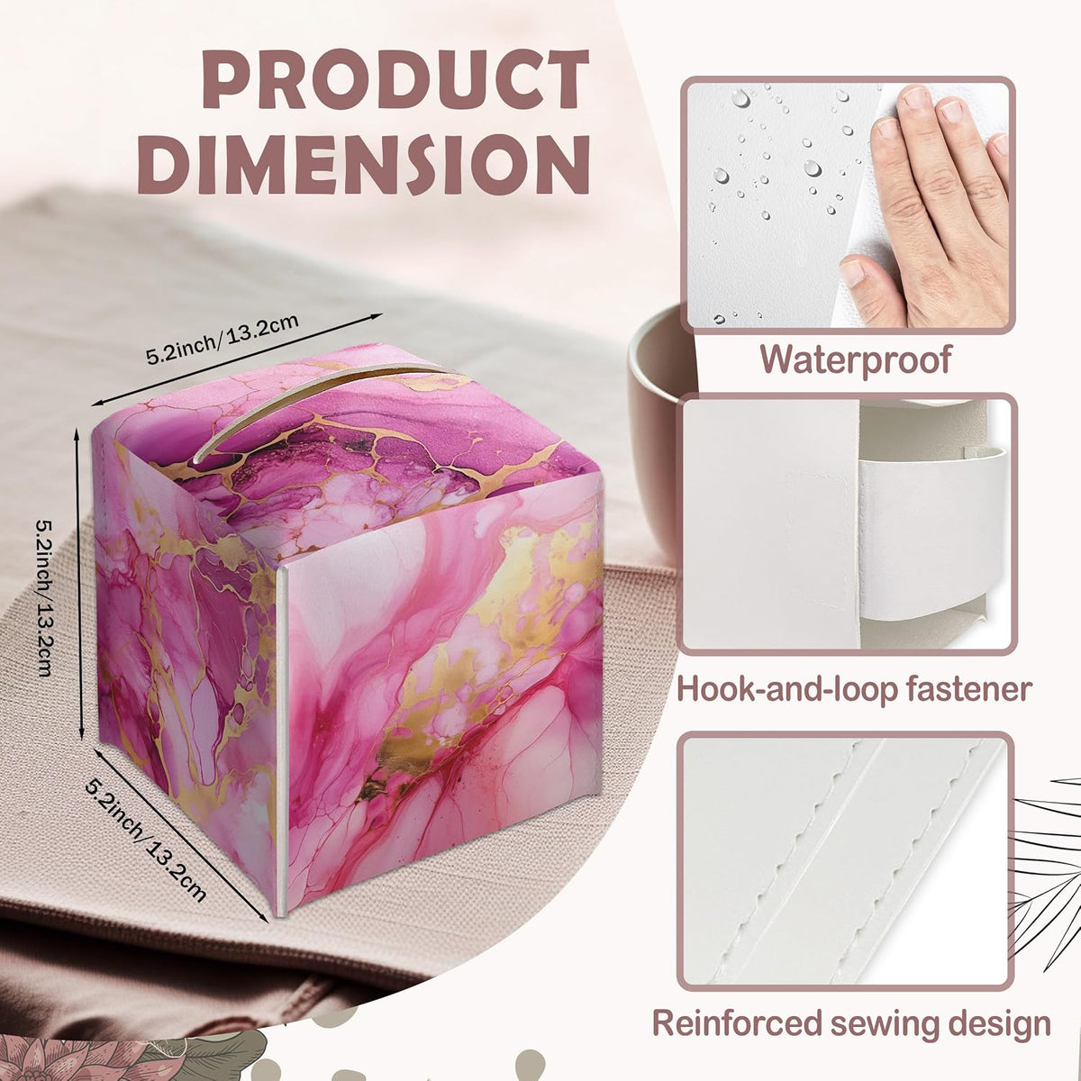 Pink Marble Decorative Square Leather Tissue Box Cover - Tissue Holder Gifts for Women Family and Friends on Birthday Housewarming Home Decor Decorative for Bathroom Kitchen Nightstands Office - A05