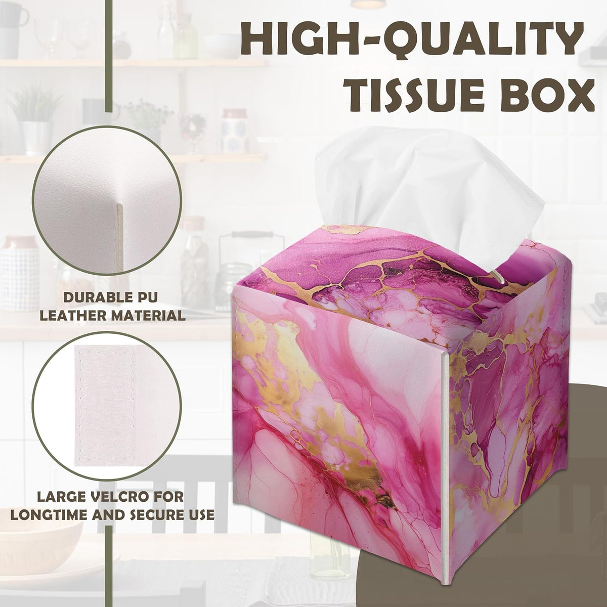 Pink Marble Decorative Square Leather Tissue Box Cover - Tissue Holder Gifts for Women Family and Friends on Birthday Housewarming Home Decor Decorative for Bathroom Kitchen Nightstands Office - A05