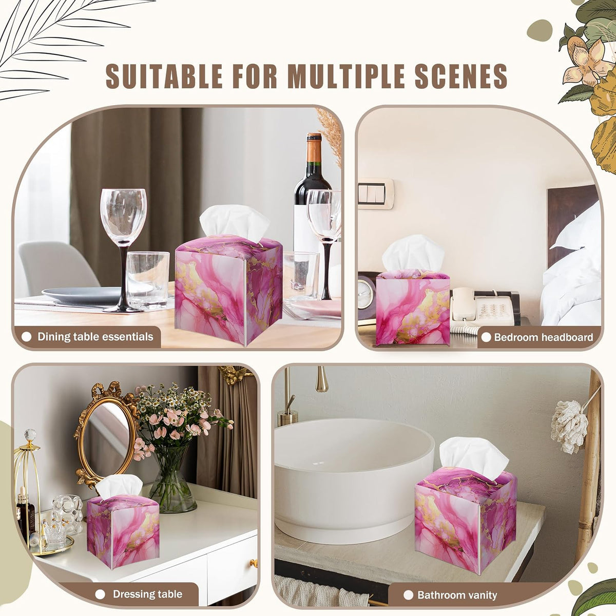 Pink Marble Decorative Square Leather Tissue Box Cover - Tissue Holder Gifts for Women Family and Friends on Birthday Housewarming Home Decor Decorative for Bathroom Kitchen Nightstands Office - A05