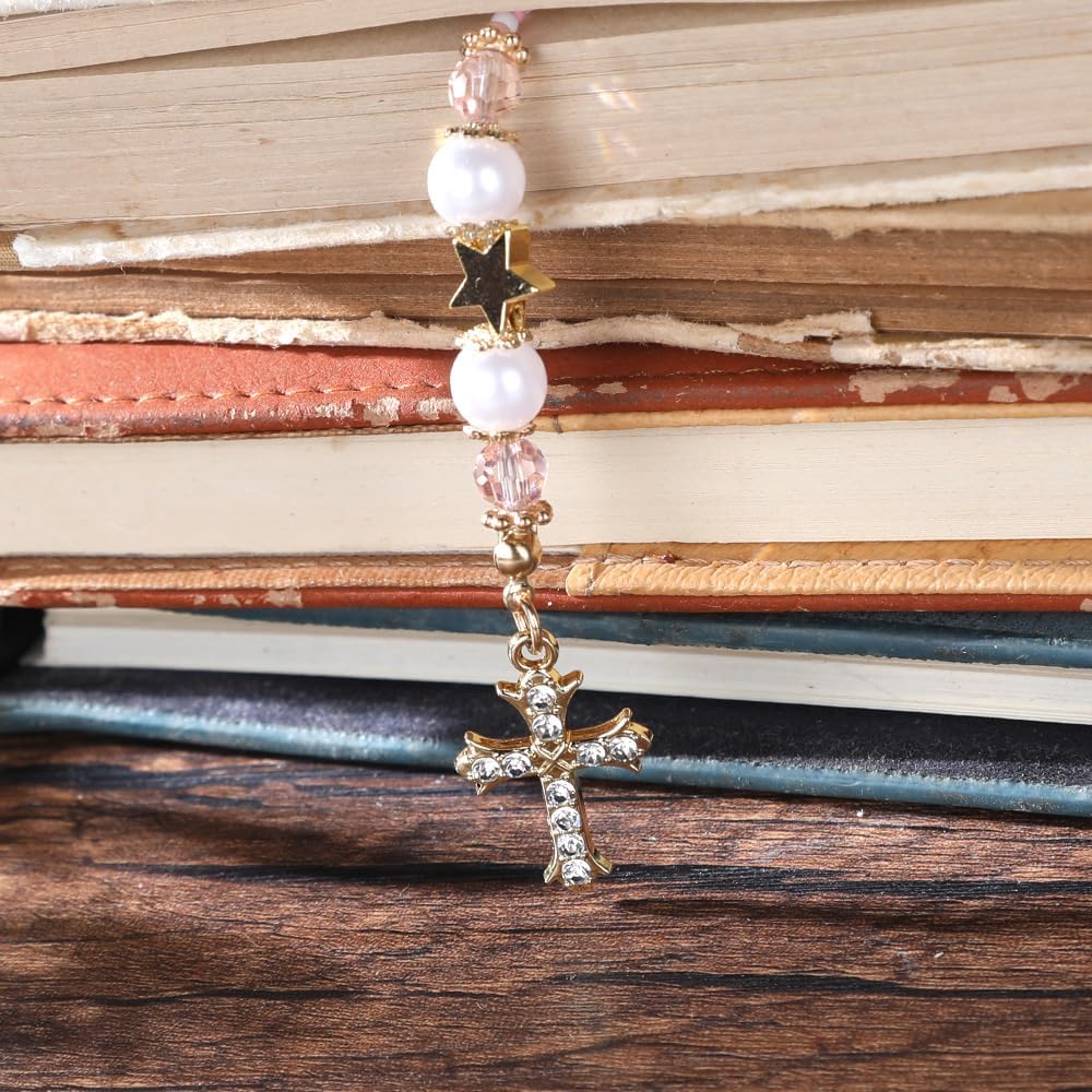 Christian Cross Beaded Bookmark, Pink Beaded Wire Metal Bookmark for Women & Man, Lightweight Aesthetics Book Mark for Book Lovers Student Teacher Bookish Accessories Gift