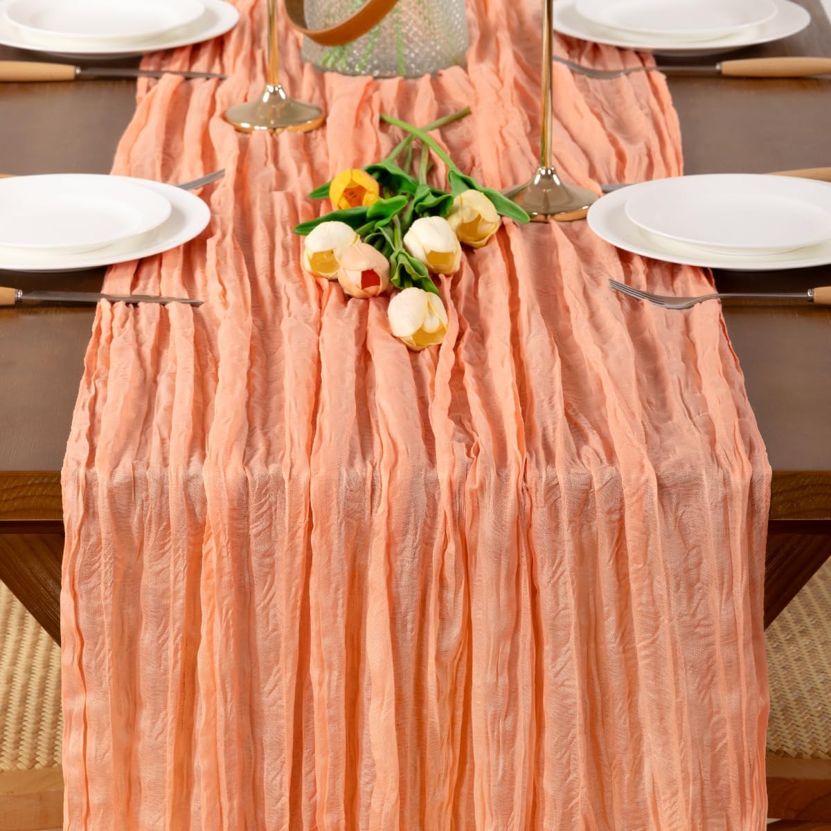 Peach Cheesecloth Table Runner Boho Wrinkled Gauze Table Runners