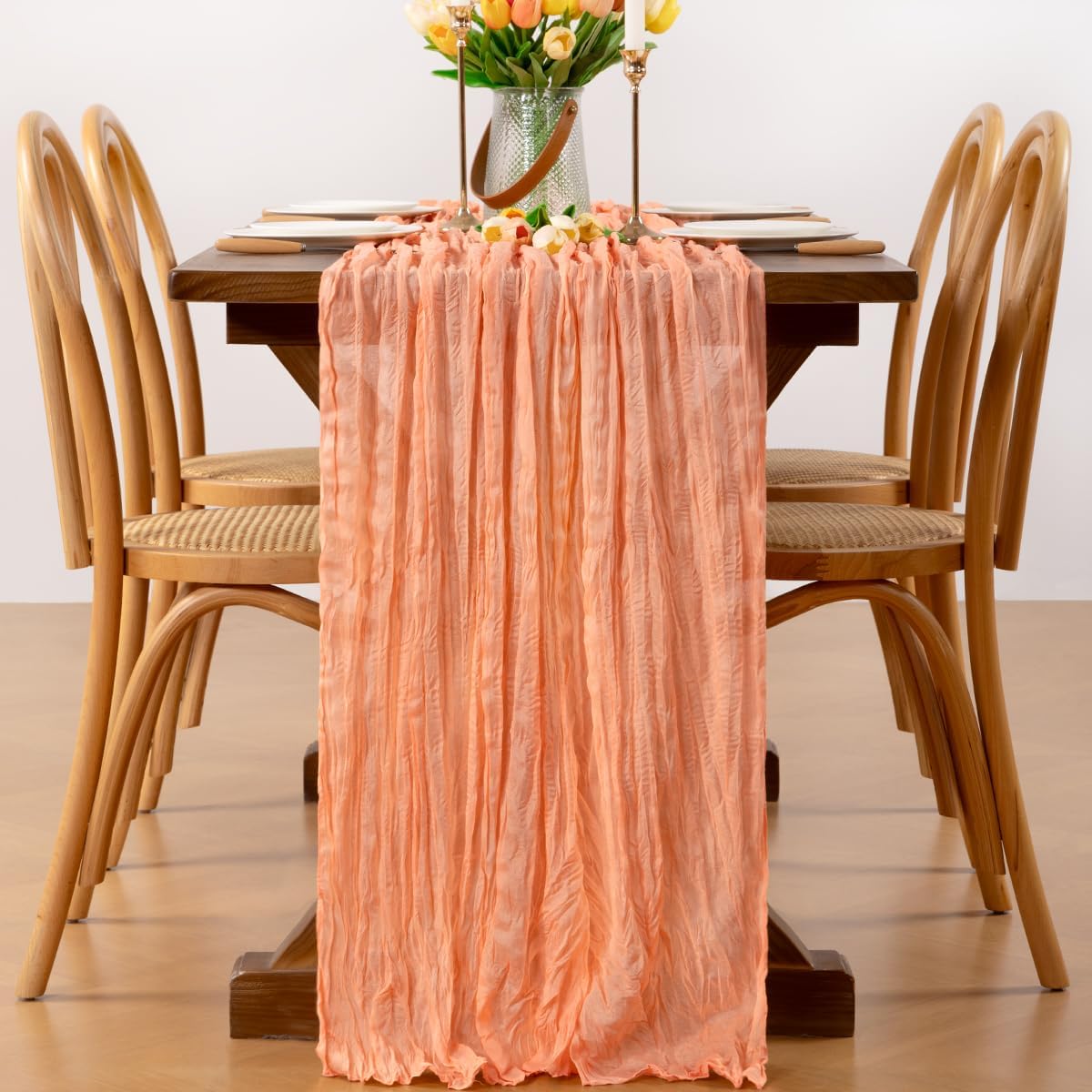 Peach Cheesecloth Table Runner Boho Wrinkled Gauze Table Runners