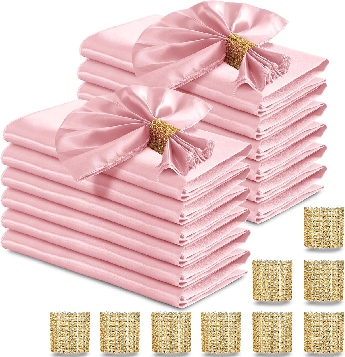 Light Pink Satin Napkins and Napkin Rings Set of 50, 17 x 17 Inch