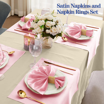 Light Pink Satin Napkins and Napkin Rings Set of 50, 17 x 17 Inch