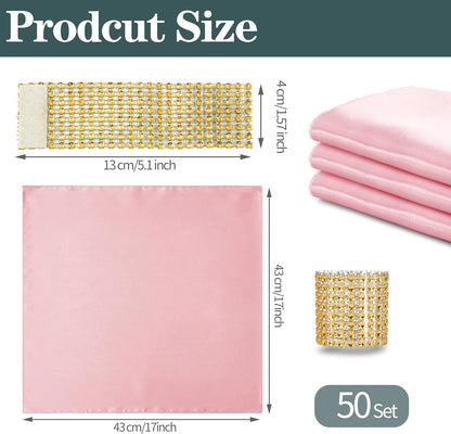 Light Pink Satin Napkins and Napkin Rings Set of 50, 17 x 17 Inch