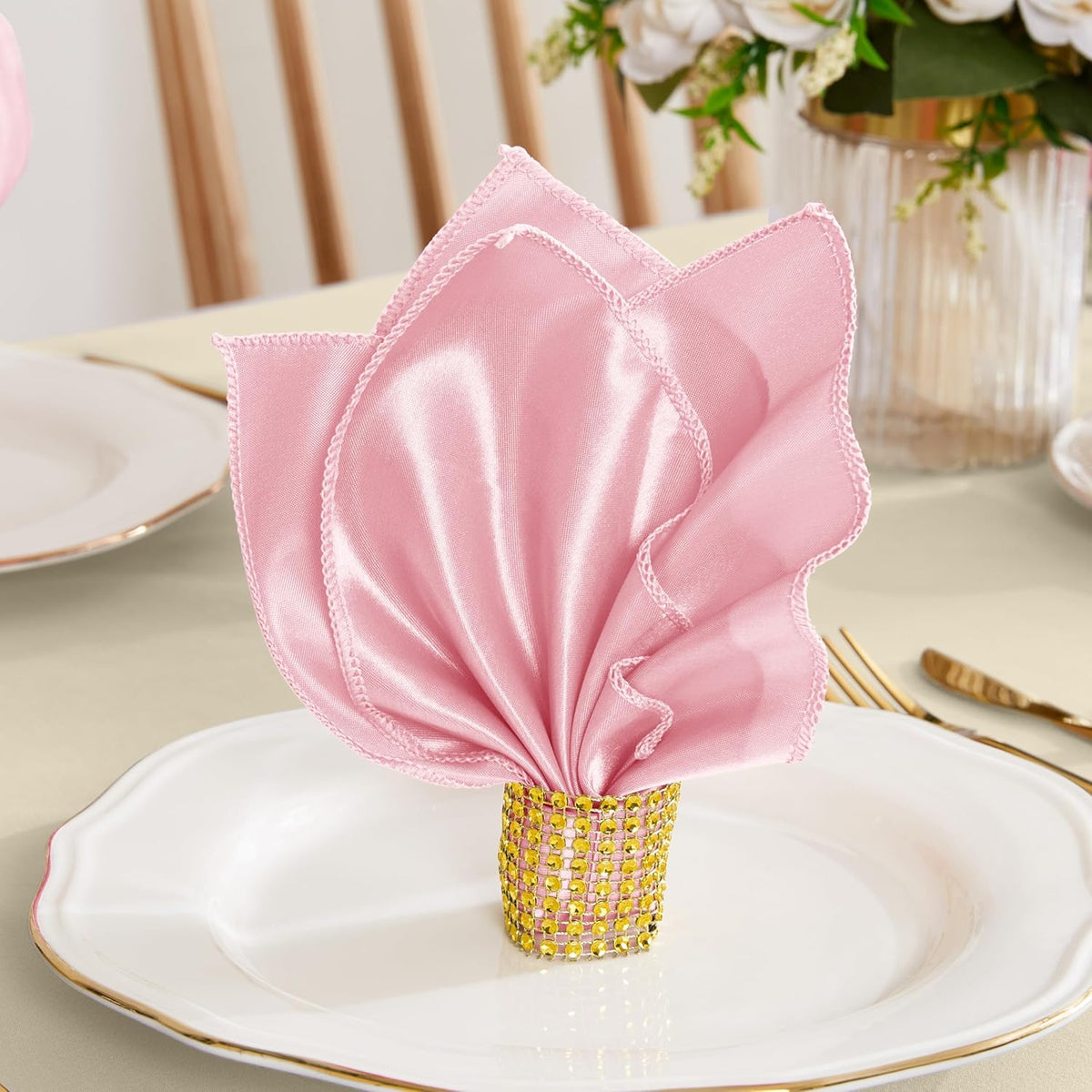 Light Pink Satin Napkins and Napkin Rings Set of 50, 17 x 17 Inch