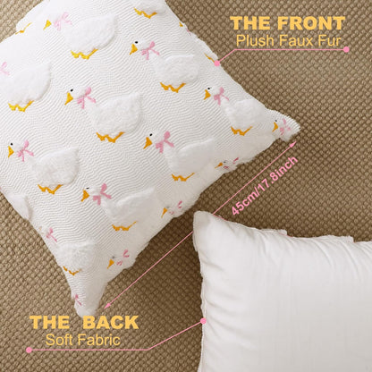 2 Pack Goose Pillow Covers 18 x 18 Inch Pink Bow Goose Embroidery Pillow Cover 3D Jacquard Soft Plush Faux Fur Cushion Case for Home Couch Chair Bed Sofa Room Decor