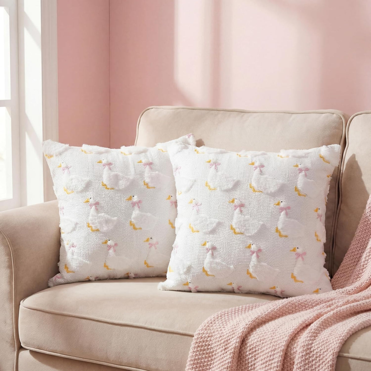 2 Pack Goose Pillow Covers 18 x 18 Inch Pink Bow Goose Embroidery Pillow Cover 3D Jacquard Soft Plush Faux Fur Cushion Case for Home Couch Chair Bed Sofa Room Decor