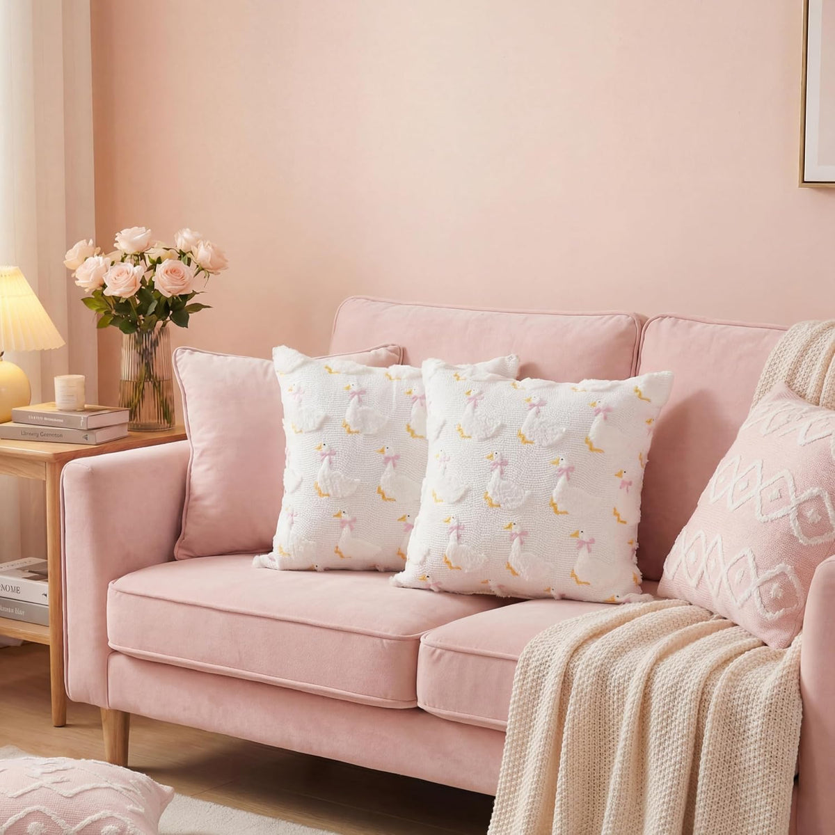 2 Pack Goose Pillow Covers 18 x 18 Inch Pink Bow Goose Embroidery Pillow Cover 3D Jacquard Soft Plush Faux Fur Cushion Case for Home Couch Chair Bed Sofa Room Decor