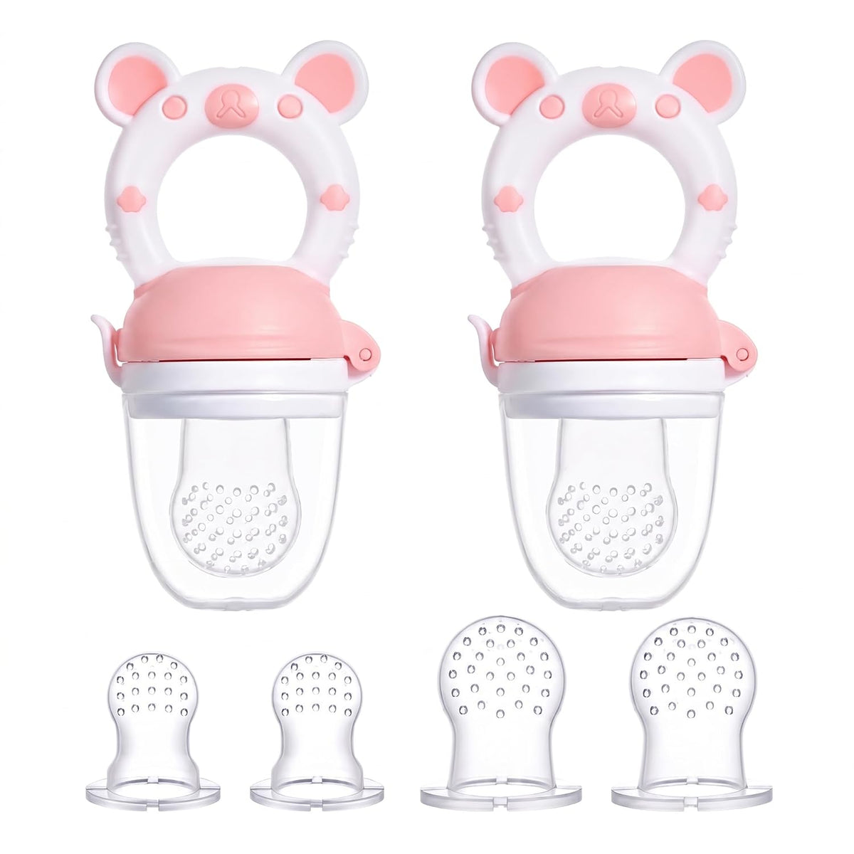 Baby Fruit Food Feeder Pacifier, Silicone Teething Relief Toy, 2-Pack with 6 BPA-Free Pouches, Light Pink, 3-24 Months