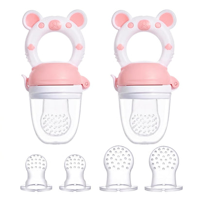 Baby Fruit Food Feeder Pacifier, Silicone Teething Relief Toy, 2-Pack with 6 BPA-Free Pouches, Light Pink, 3-24 Months