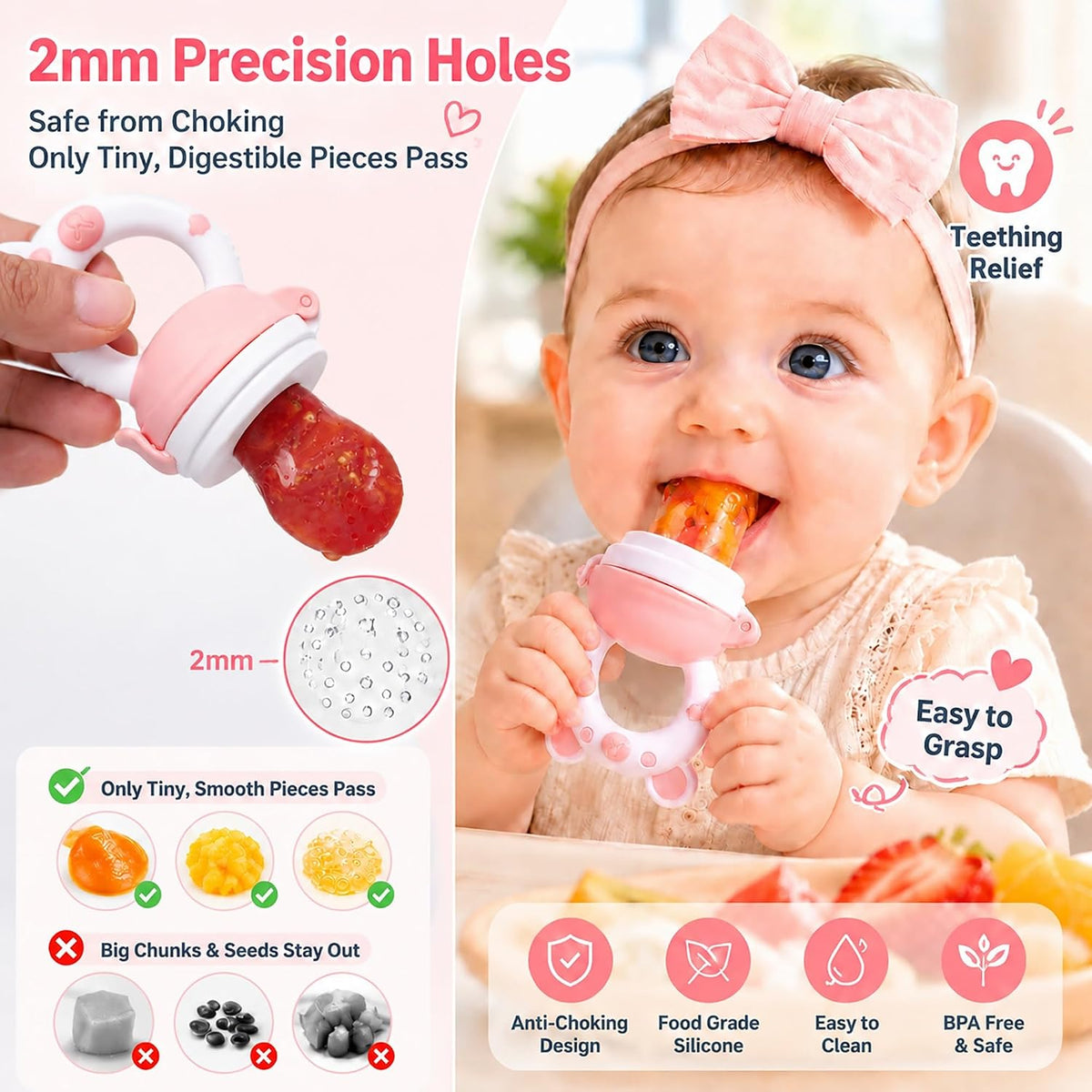 Baby Fruit Food Feeder Pacifier, Silicone Teething Relief Toy, 2-Pack with 6 BPA-Free Pouches, Light Pink, 3-24 Months