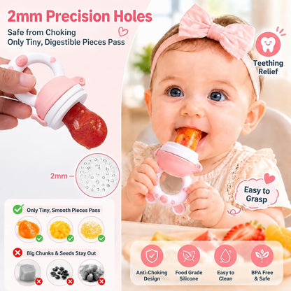 Baby Fruit Food Feeder Pacifier, Silicone Teething Relief Toy, 2-Pack with 6 BPA-Free Pouches, Light Pink, 3-24 Months