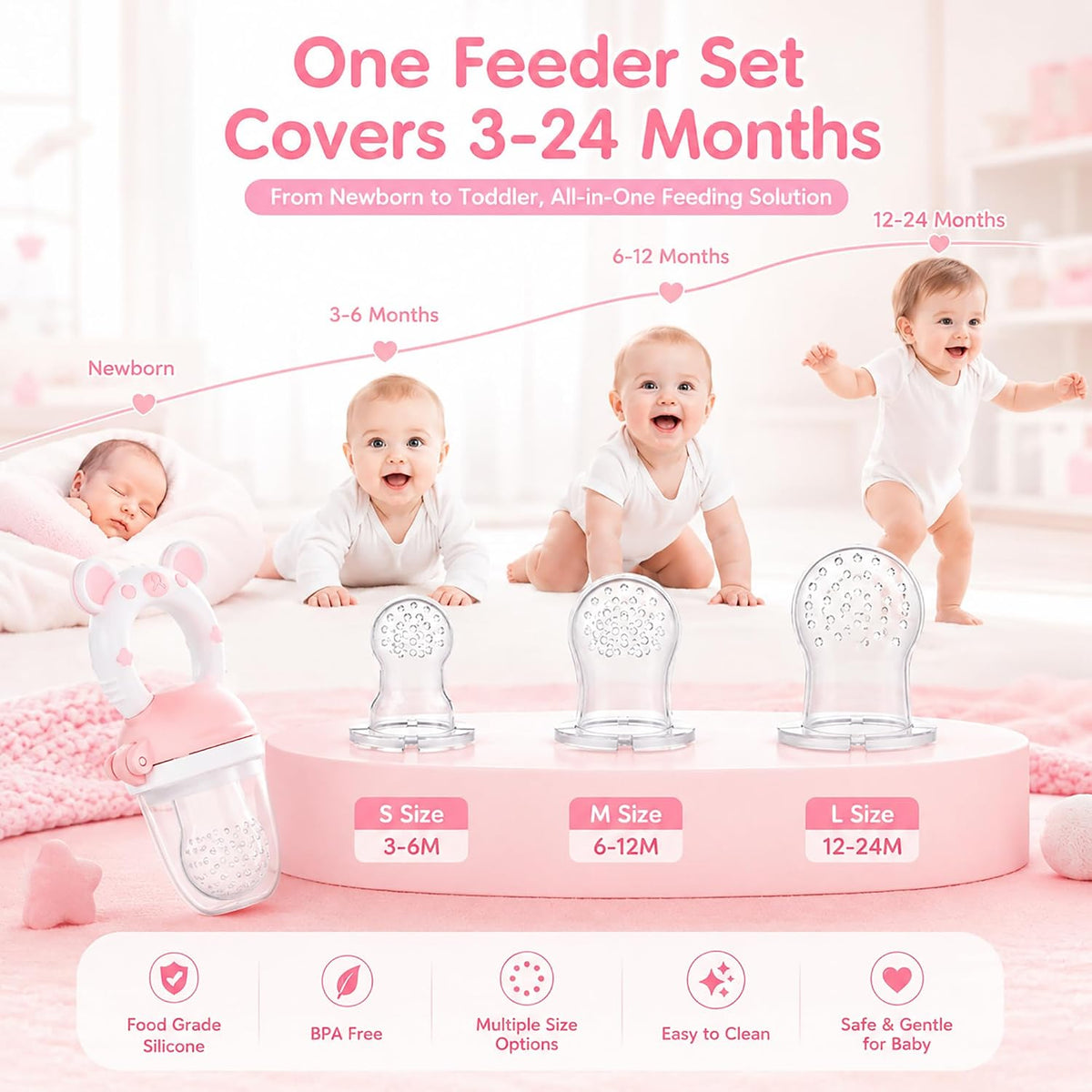Baby Fruit Food Feeder Pacifier, Silicone Teething Relief Toy, 2-Pack with 6 BPA-Free Pouches, Light Pink, 3-24 Months