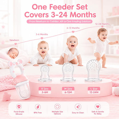 Baby Fruit Food Feeder Pacifier, Silicone Teething Relief Toy, 2-Pack with 6 BPA-Free Pouches, Light Pink, 3-24 Months