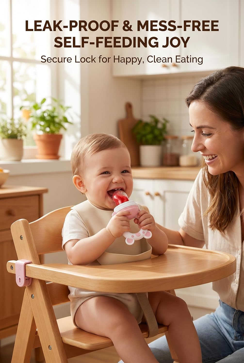 Baby Fruit Food Feeder Pacifier, Silicone Teething Relief Toy, 2-Pack with 6 BPA-Free Pouches, Light Pink, 3-24 Months