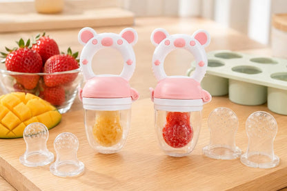 Baby Fruit Food Feeder Pacifier, Silicone Teething Relief Toy, 2-Pack with 6 BPA-Free Pouches, Light Pink, 3-24 Months