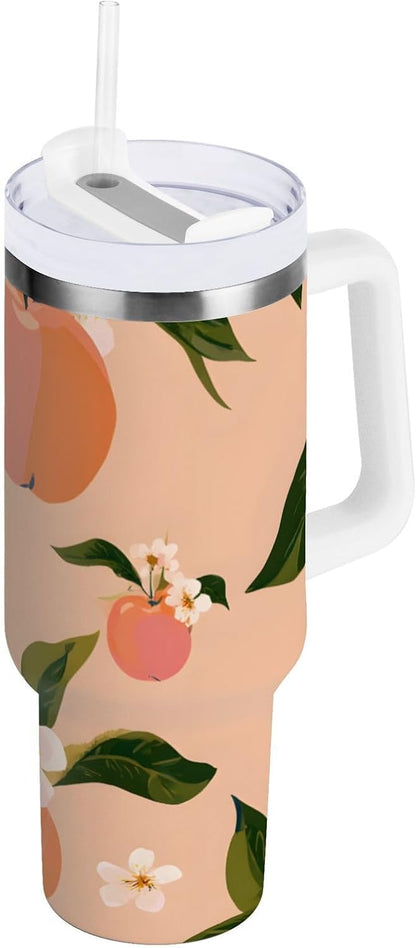 30 oz Juicy Peach and White Flower Pattern Tumbler with Handle and Straw, Insulated Travel Mug, Reusable Stainless Steel Insulated Water Bottle for Women Men