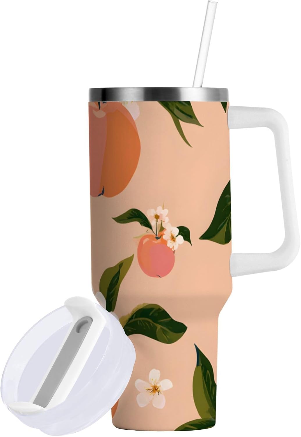 30 oz Juicy Peach and White Flower Pattern Tumbler with Handle and Straw, Insulated Travel Mug, Reusable Stainless Steel Insulated Water Bottle for Women Men