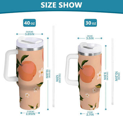 30 oz Juicy Peach and White Flower Pattern Tumbler with Handle and Straw, Insulated Travel Mug, Reusable Stainless Steel Insulated Water Bottle for Women Men