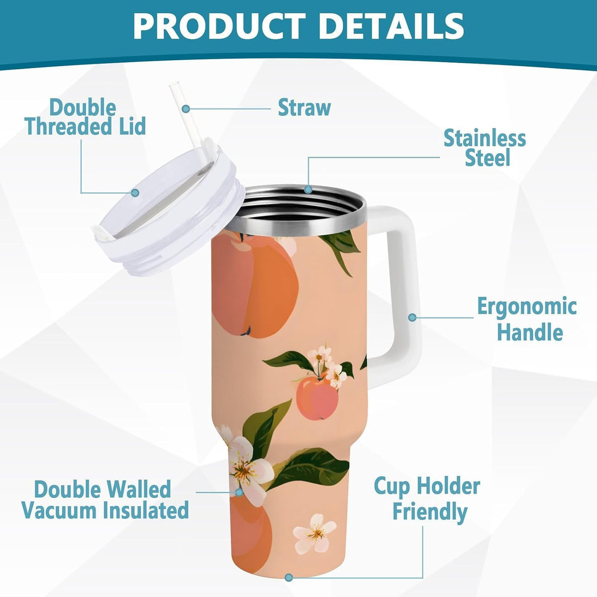 30 oz Juicy Peach and White Flower Pattern Tumbler with Handle and Straw, Insulated Travel Mug, Reusable Stainless Steel Insulated Water Bottle for Women Men