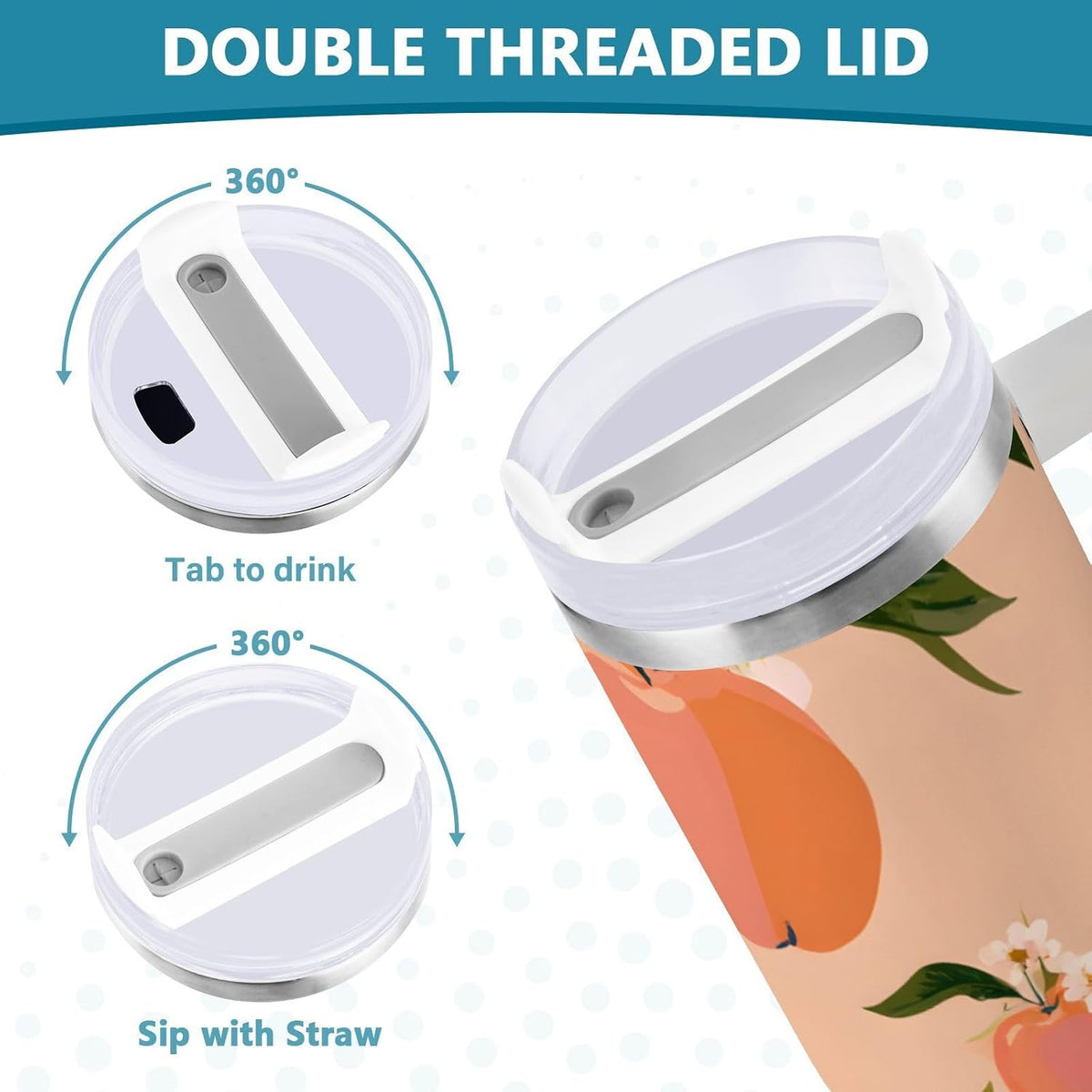 30 oz Juicy Peach and White Flower Pattern Tumbler with Handle and Straw, Insulated Travel Mug, Reusable Stainless Steel Insulated Water Bottle for Women Men