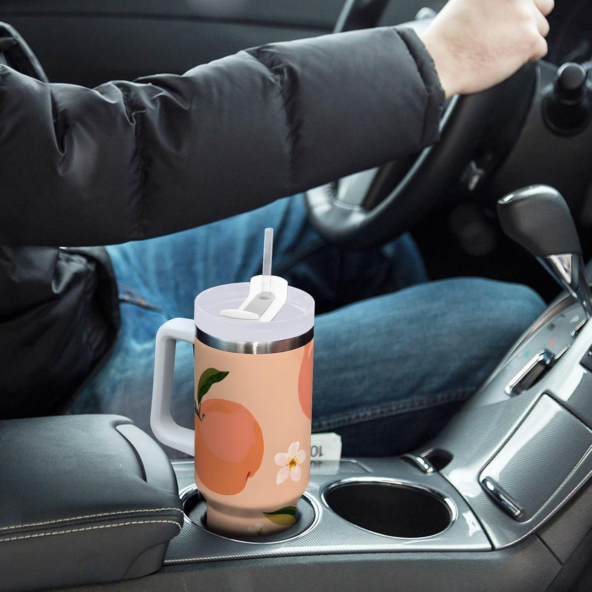 30 oz Juicy Peach and White Flower Pattern Tumbler with Handle and Straw, Insulated Travel Mug, Reusable Stainless Steel Insulated Water Bottle for Women Men