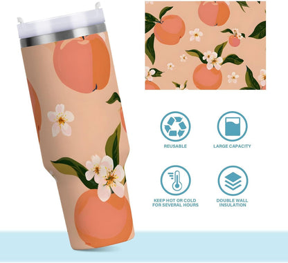 30 oz Juicy Peach and White Flower Pattern Tumbler with Handle and Straw, Insulated Travel Mug, Reusable Stainless Steel Insulated Water Bottle for Women Men