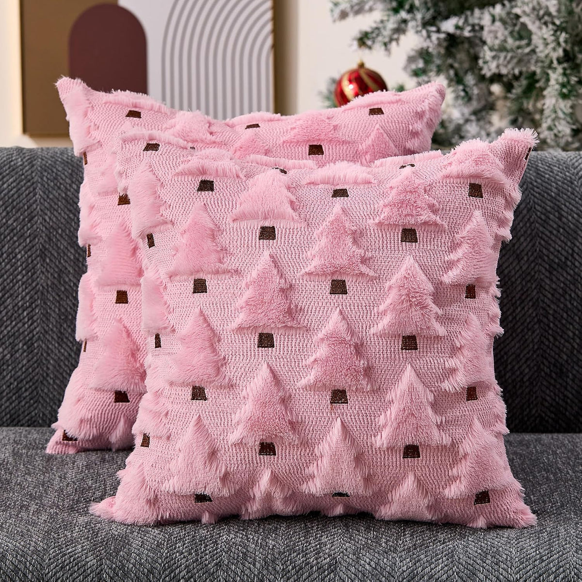 Christmas Pillow Covers 18x18 inch Set of 2 Pink Christmas Decorations Soft Plush Faux Fur Wool Christmas Tree Throw Pillow Cases Winter Holiday Decor for Sofa Living Room PT002E18