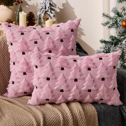 Christmas Pillow Covers 18x18 inch Set of 2 Pink Christmas Decorations Soft Plush Faux Fur Wool Christmas Tree Throw Pillow Cases Winter Holiday Decor for Sofa Living Room PT002E18