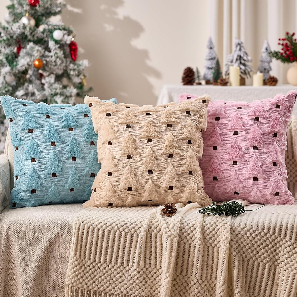 Christmas Pillow Covers 18x18 inch Set of 2 Pink Christmas Decorations Soft Plush Faux Fur Wool Christmas Tree Throw Pillow Cases Winter Holiday Decor for Sofa Living Room PT002E18