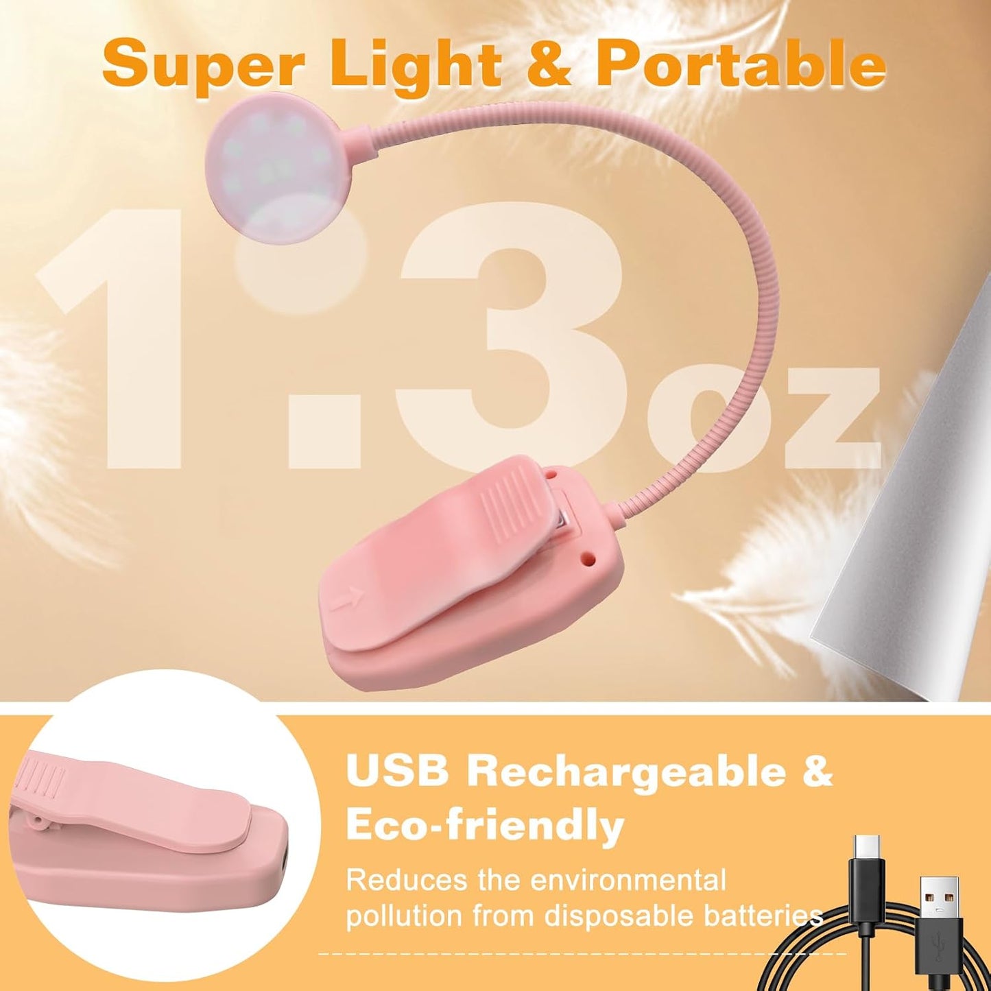 2 Pack Rechargeable Book Light Clip-On Reading Light for Books in Bed | 9 eye-friendly modes from 3 color temperatures and 3 brightness, USB-C up to 30 hrs - Black & Pink